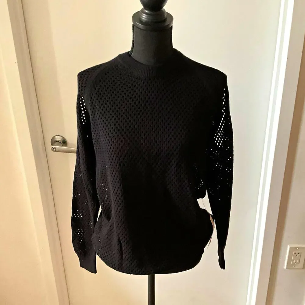 BCBGeneration Womens Open Knit Pullover Sweater Black Crew Neck Long Sleeve Sz M